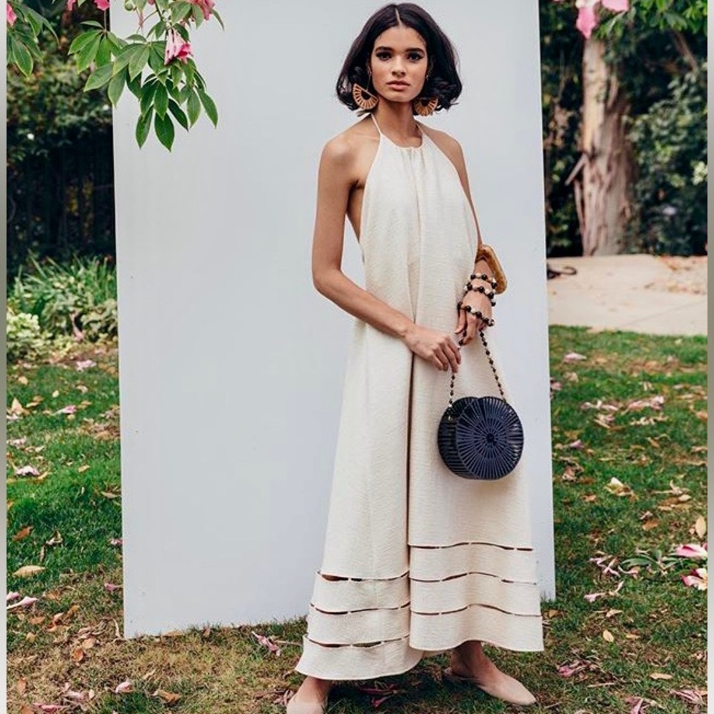 ISO Halter backless wide leg cream jumpsuit